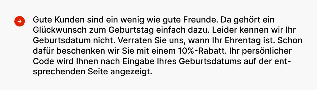 Textbeispiel einer Nachprofilierung: Kunden erhalten 10 Prozent Rabatt für ihr Geburtsdatum
