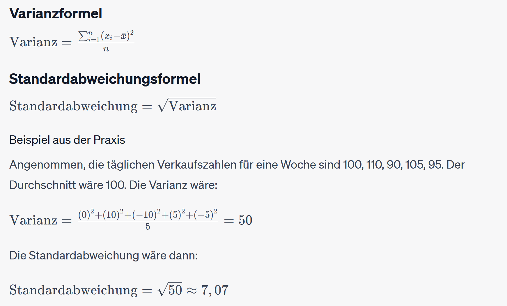 Formeln für Varianz und Standardabweichung mit Rechenbeispiel aus täglichen Verkaufszahlen