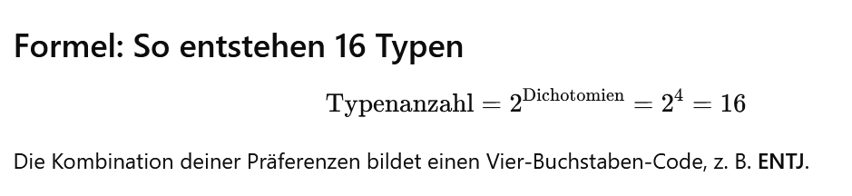 Formel: Typenanzahl gleich 2 hoch 4 Dichotomien ergibt 16 Typen